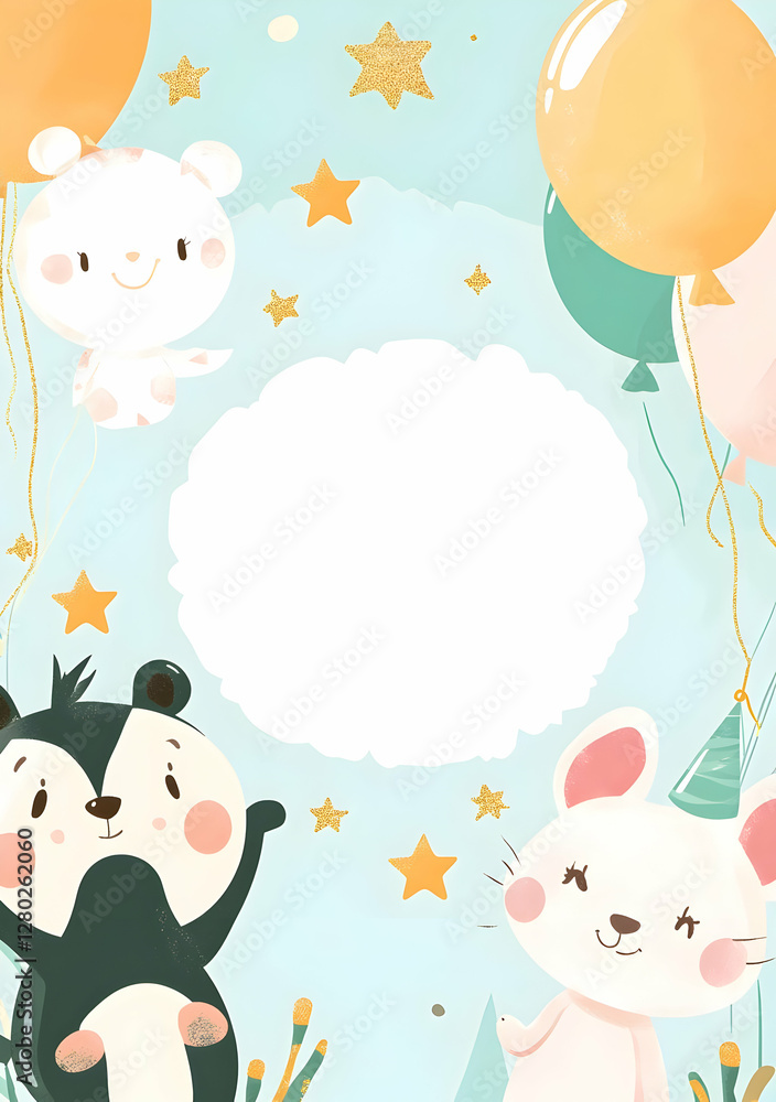 A colorful illustration featuring cute animals celebrating with balloons and stars. A colorful illustration featuring cute animals celebrating with balloons and stars.