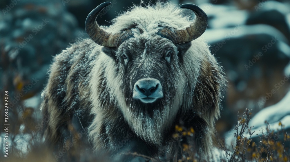 Fototapeta premium Snow Covered Yak in Mountainous Winter Landscape