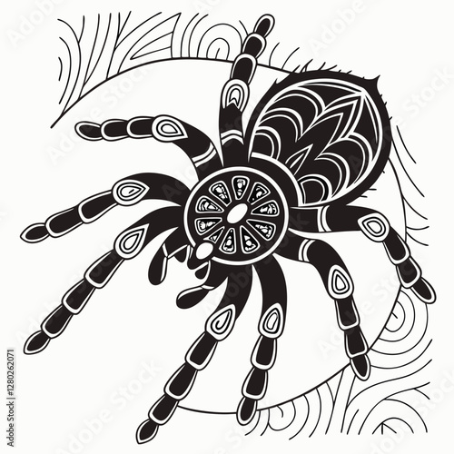 Detailed Tarantula Spider Illustration: Black and White Zentangle Style Arachnid Art for Coloring Books and Creative Projects