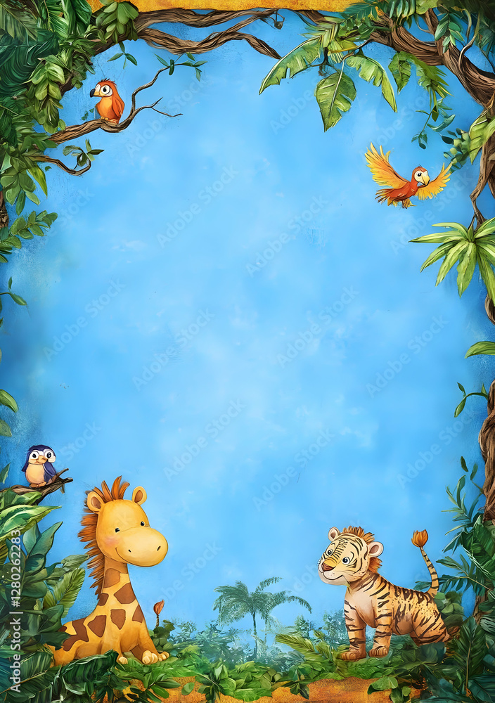 A colorful jungle scene featuring a giraffe, tiger, and tropical birds against a blue sky.