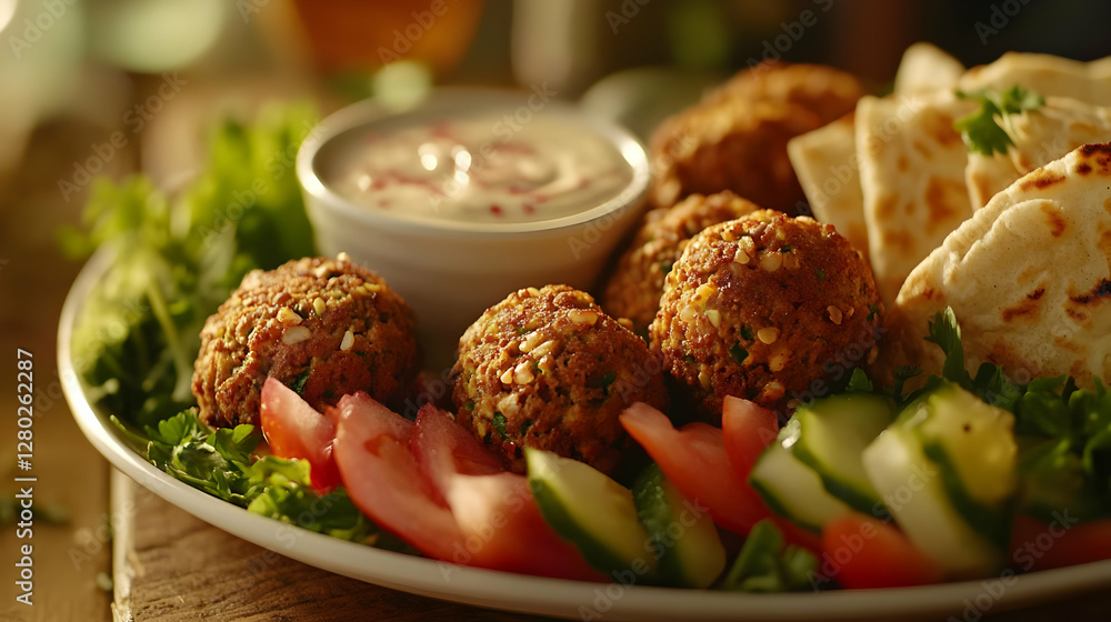 A colorful plate featuring falafel, fresh vegetables, and a dipping sauce.