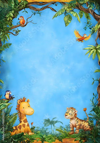 Obraz na płótnie A colorful jungle scene featuring a giraffe, tiger, and tropical birds against a blue sky. w salonie