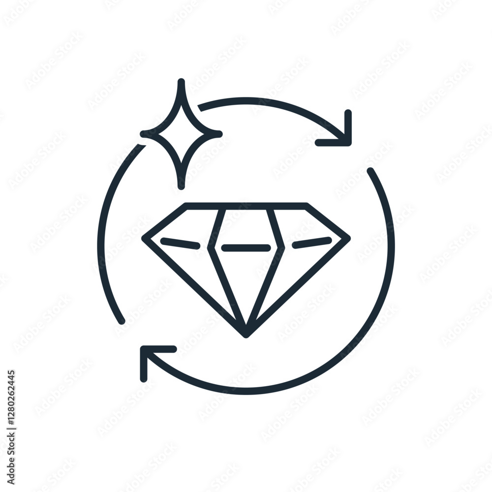 Gemstone cutting. Improving quality, properties of the product. Vector linear icon illustration isolated on white background. Gemstone cutting. Improving quality, properties of the product. Vector linear icon illustration isolated on white background.