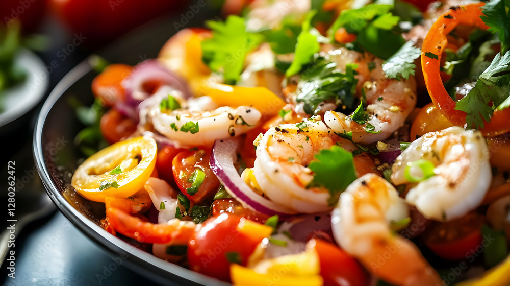 A colorful shrimp salad with fresh vegetables and herbs, ideal for a healthy meal.