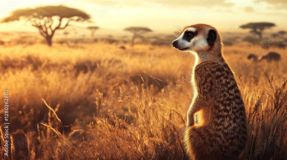 Fototapeta premium Meerkat in Golden Hour African Savanna Sunrise