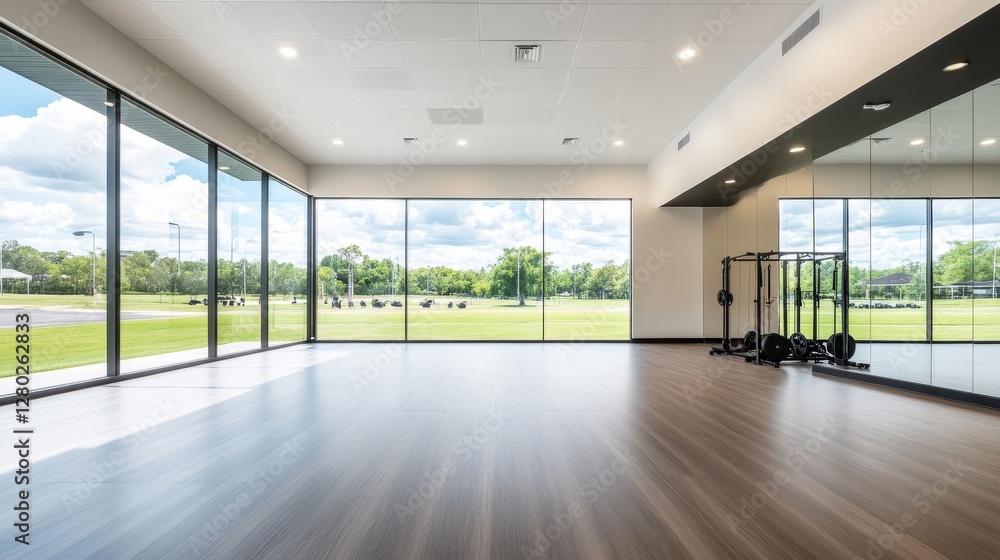 Fototapeta premium Modern Gym Interior with Large Windows and Green Outdoor View