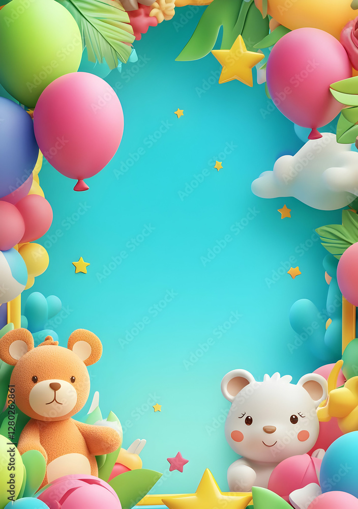 A colorful, playful frame with balloons and cute teddy bears for cheerful designs.