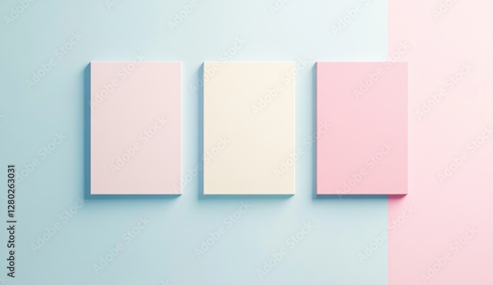 Three pastel colored blank boxes on a blue and pink background.