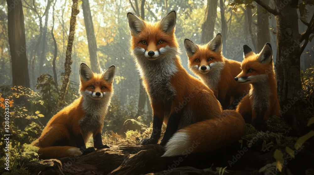 Obraz premium Red Fox Family in Autumn Forest Sunlight