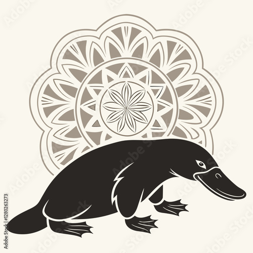 Platypus Silhouette Vector Illustration with Ornamental Mandala Background - Australian Animal Art, Wildlife Graphic Design