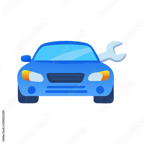 Blue car with wrench symbol for repair
