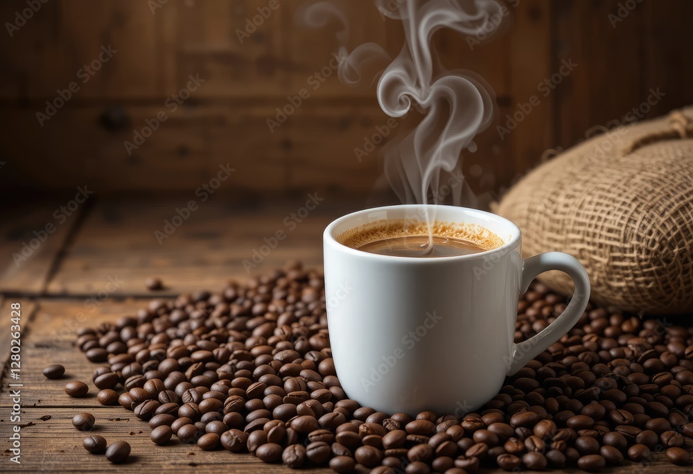 Steaming Cup of Coffee with Heart Latte Art and Roasted Beans – Cozy Café Atmosphere