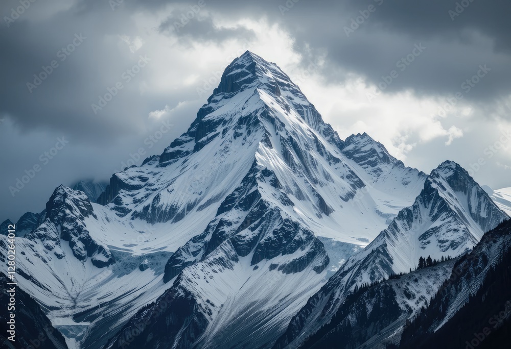 Obraz premium Majestic Snow-Capped Mountain Peak Under Dramatic Sky – Breathtaking Landscape Photography