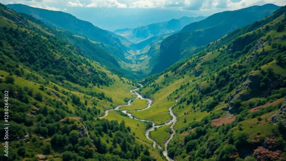Fototapeta premium High-Definition Aerial View of a Mountain Valley in Spring