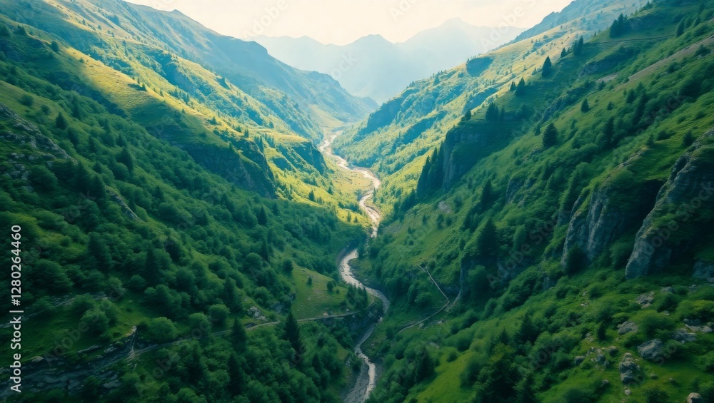 Naklejka premium High-Definition Aerial View of a Mountain Valley in Spring
