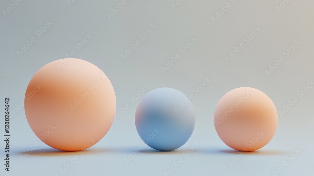 Three pastel spheres; peach, blue, peach, size comparison on light blue background. Three pastel spheres; peach, blue, peach, size comparison on light blue background.