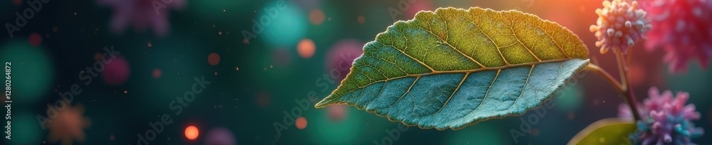Fototapeta premium Intricate leaf vein structure overlaid on vibrant molecular graphic , eco, green