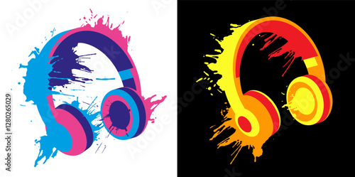 Stereo music wireless over ear headphones on splashed bright acrylic paint background. Noisy party, banner for disco decoration, print on clothes. Colorful vector on white and black back