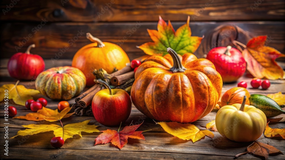 Rustic wood holds autumn's bounty: plump pumpkins, vibrant maple leaves, and fragrant quinces. Rustic wood holds autumn's bounty: plump pumpkins, vibrant maple leaves, and fragrant quinces.