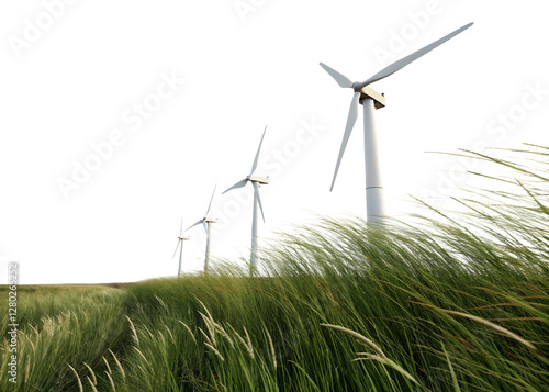 Wind turbines spin gently over tall grass fields in an open landscape on a clear day with bright skies