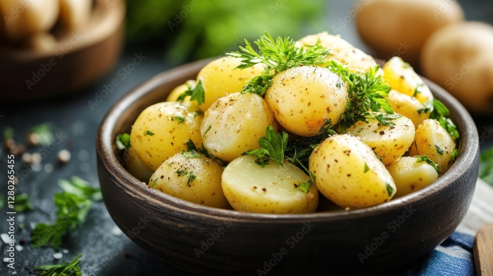 Bowl of boiled baby potatoes with parsley, butter, salt and pepper. Bowl of boiled baby potatoes with parsley, butter, salt and pepper.