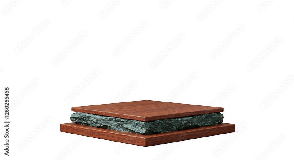Wooden product display podium with stone on white background. 3D rendering Wooden product display podium with stone on white background. 3D rendering