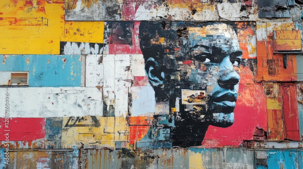 Fototapeta premium Vibrant Abstract Mural Depicting a Powerful Portrait of a Young Person Against a Colorful Background