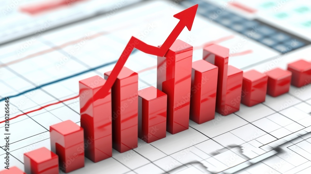 Red bar graph illustrating growth trends on a financial report with background data analytics Red bar graph illustrating growth trends on a financial report with background data analytics