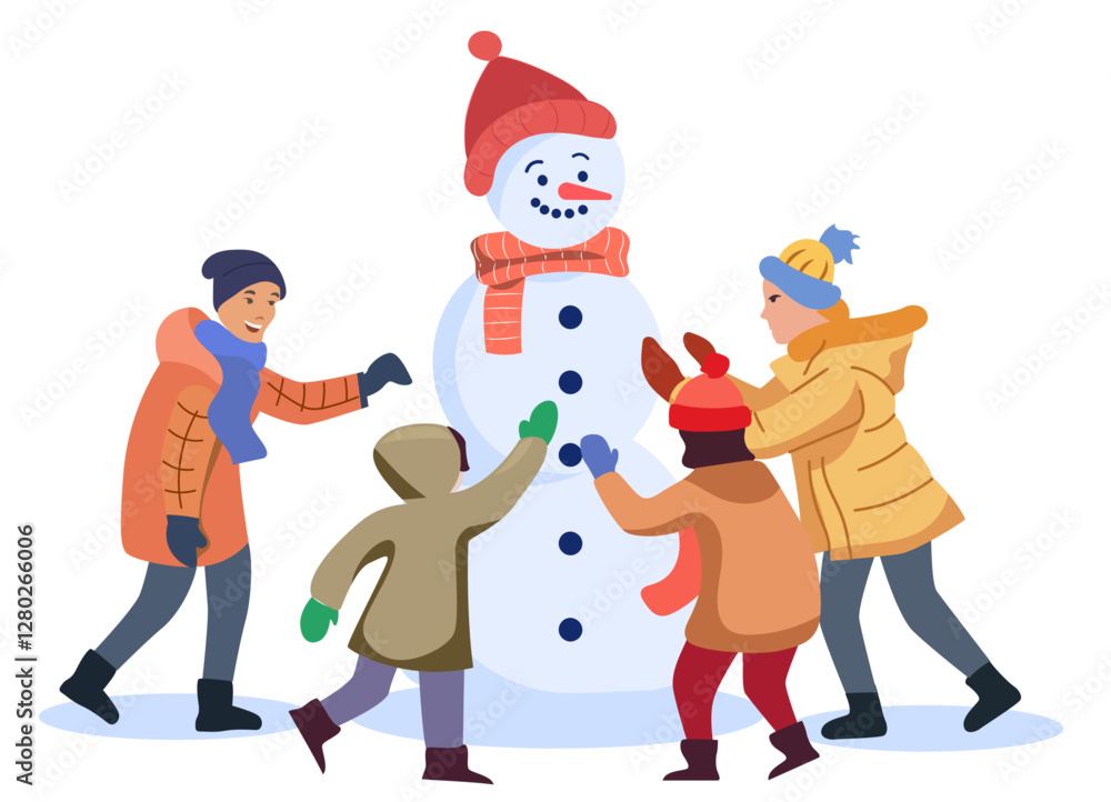 family building snowman winter activity outdoor scene parents children enjoying making together clothing colorful scarves seasonal holiday fun illustration clipart family building snowman winter activity outdoor scene parents children enjoying making together clothing colorful scarves seasonal holiday fun illustration clipart