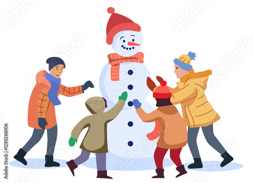 family building snowman winter activity outdoor scene parents children enjoying making together clothing colorful scarves seasonal holiday fun illustration clipart