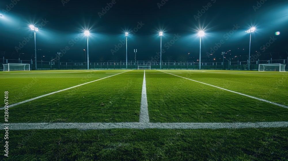 Fototapeta premium Empty football field under floodlights, awaiting an exciting match.