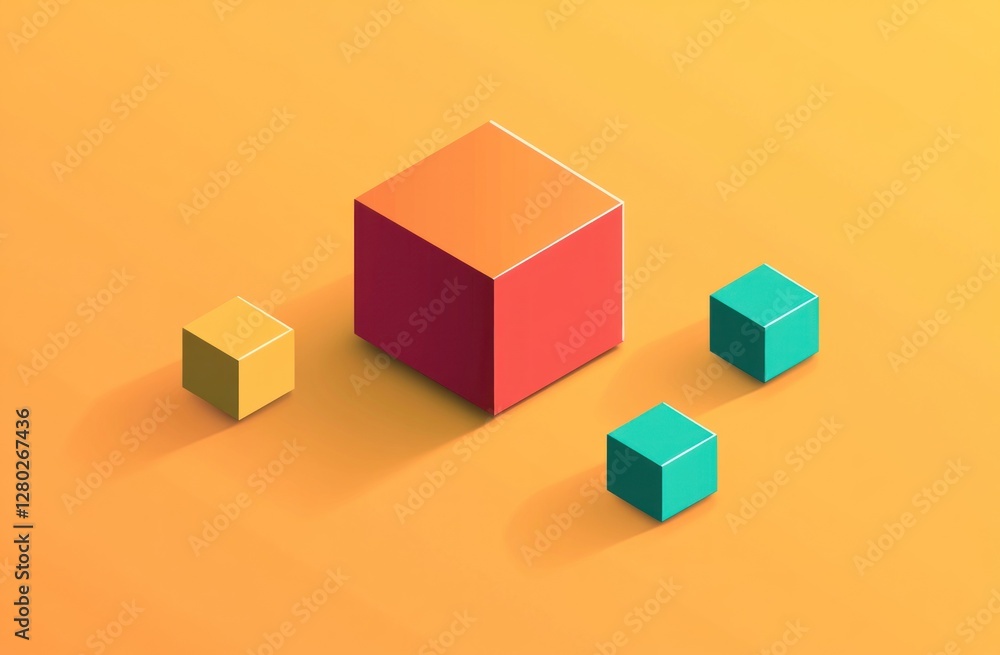 Obraz premium Three small cubes and one large cube on orange background.