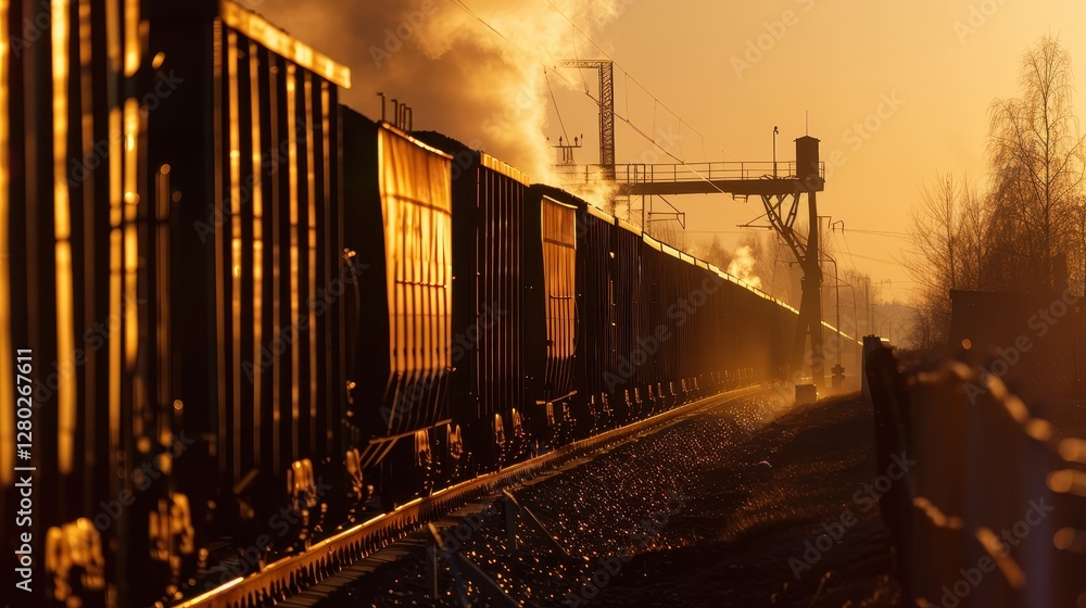 Obraz premium Freight Train Transporting Coal Bathed in Sunset Glow