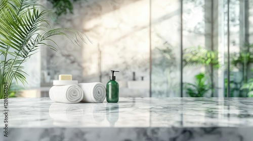 Blurred bathroom interior with marble countertop and spa objects, copy space for product display presentation mock-up background
