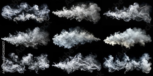 A series of images of smoke clouds in various sizes and shapes. The mood of the images is dark and ominous, with the smoke clouds looming over the black background