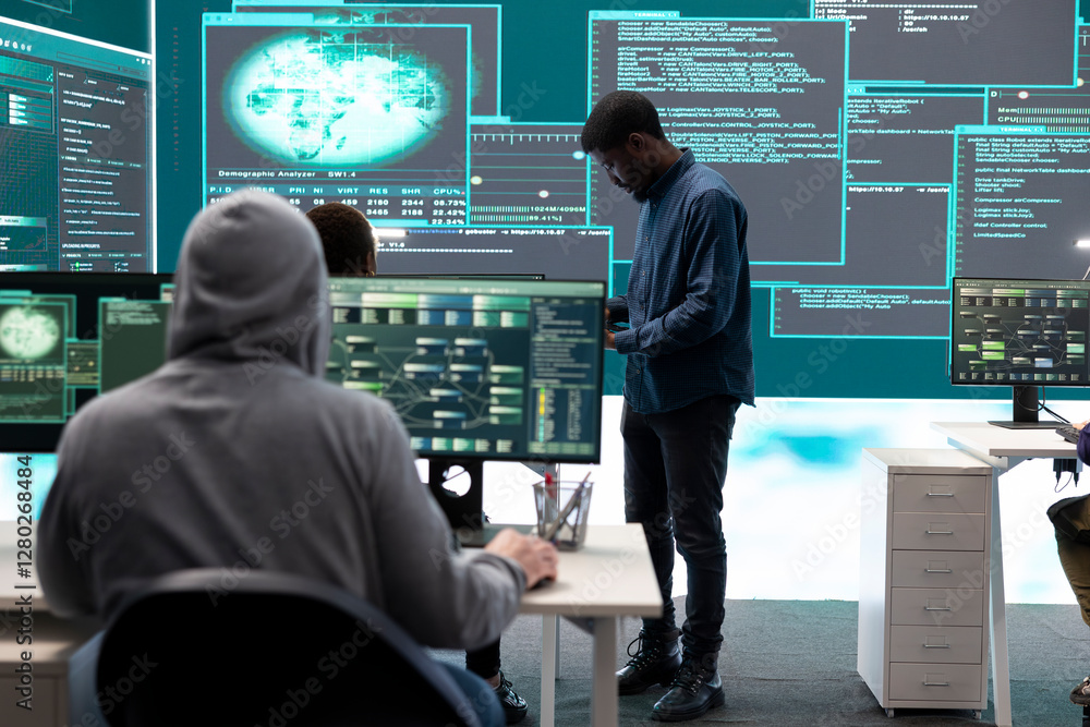 Fototapeta premium Governmental hackers analyzing data for cyber threat detection, looking at a big screen in high tech office. Highlight cyber intelligence, online security and prevention of digital threats.