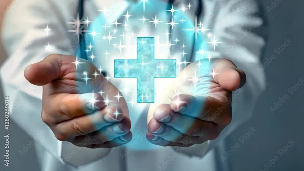 a male doctor hands holding blue light cross a male doctor hands holding blue light cross