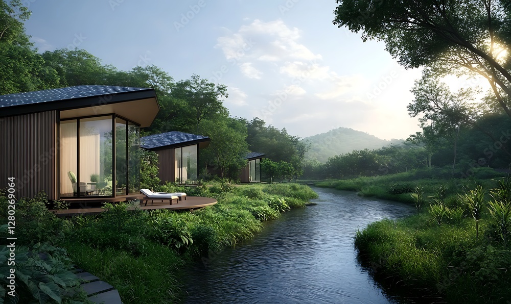 Obraz premium An image depicting a futuristic self-sustaining eco-tourism business concept.