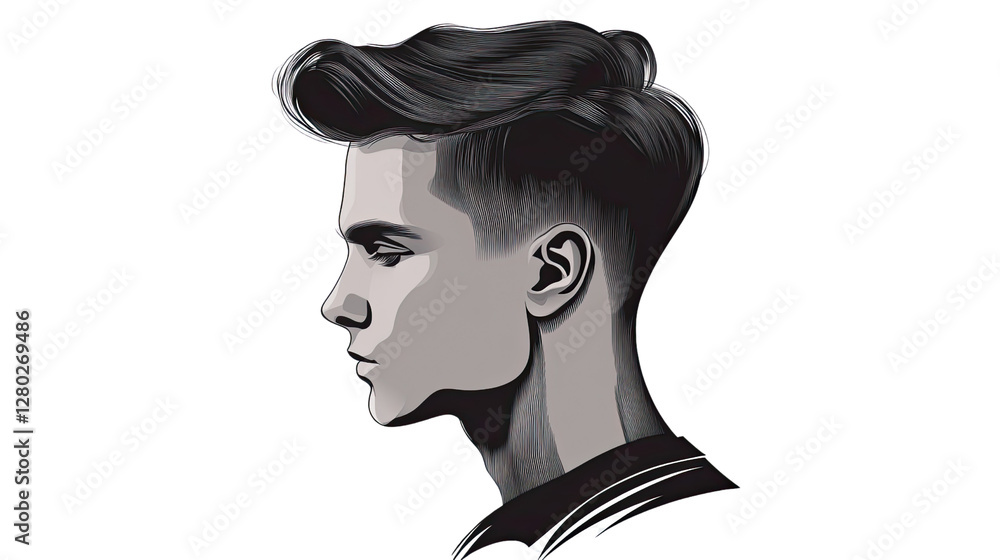 Fototapeta premium Stylish Silhouette: A sophisticated illustration portrays a man in profile, showcasing a modern, meticulously sculpted hairstyle. 