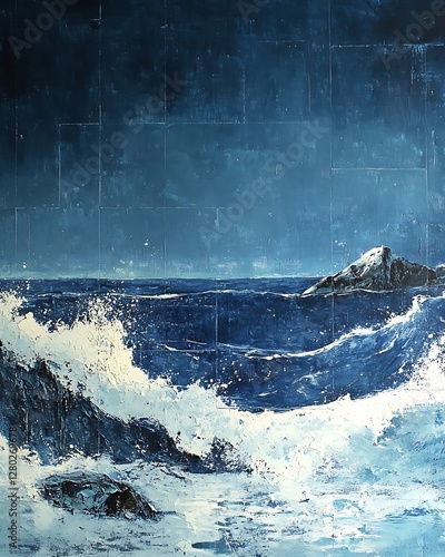 Night sea waves, rocky shore, starry sky