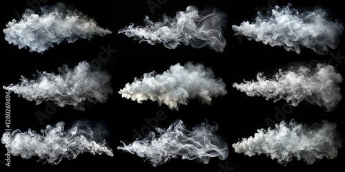 A series of images of smoke clouds in various sizes and shapes. The mood of the images is dark and ominous, with the smoke clouds looming over the black background