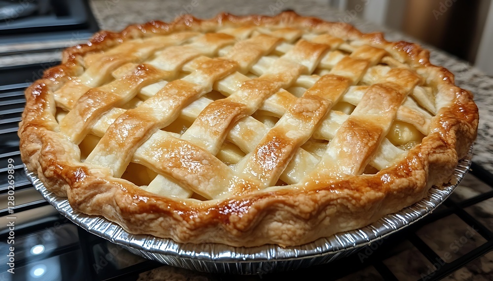 Baked apple pie on cooling rack in kitchen Baked apple pie on cooling rack in kitchen