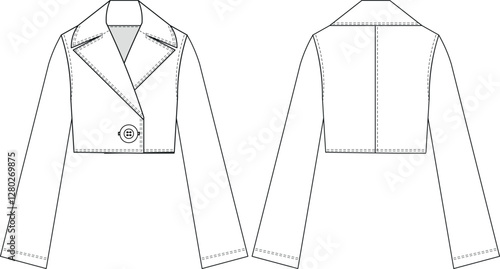 collared long sleeve buttoned short cropped crop jacket template technical drawing flat sketch cad mockup fashion woman design style model 
