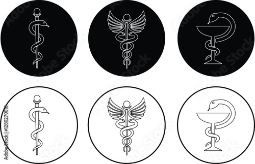 Set of Caduceus snake icons outline Styles. Rod of Asclepius signs. Medical center, pharmacy, hospital with popular symbols of medicine. Medical health care vectors logos on transparent background.