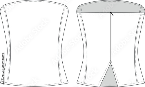 strapless neck sleeveless slitted princess darted tailored fit blouse top bustier denim jean template technical drawing flat sketch cad mockup fashion woman design style model 
