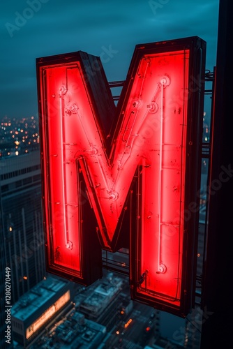 Red neon letter m glowing above cityscape