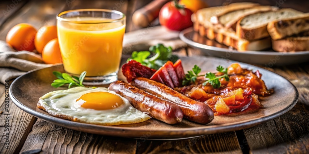 Savory breakfast: eggs, sausage, and bacon, bathed in bokeh light. Savory breakfast: eggs, sausage, and bacon, bathed in bokeh light.