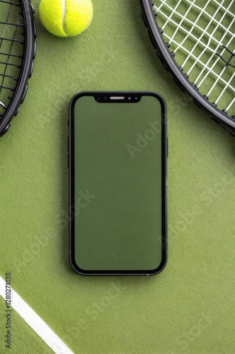 mockup of a mobile phone on a tennis court. The phone is showing the screen with rackets and ball.