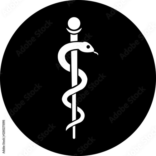 Caduceus snake icon in trendy Flat Style. Medical center, pharmacy, hospital with popular symbol of medicine. Rod of Asclepius sign. Medical health care vector logo isolated on transparent background.