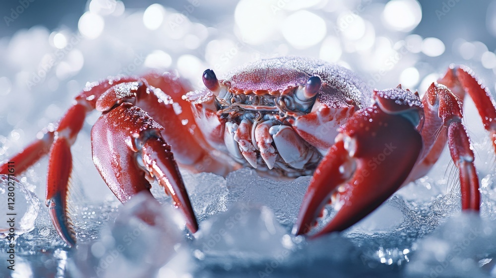 Close-up of a vibrant crab resting on ice with a blurred background, showcasing its details Close-up of a vibrant crab resting on ice with a blurred background, showcasing its details